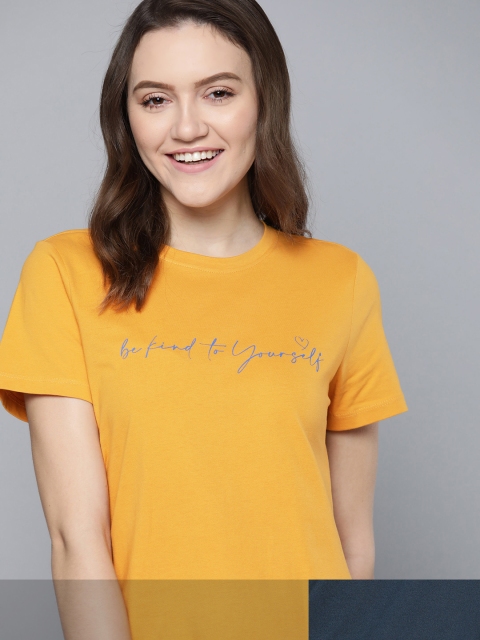 

Mast & Harbour Women Pack of 2 Printed Pure Cotton T-shirt, Mustard