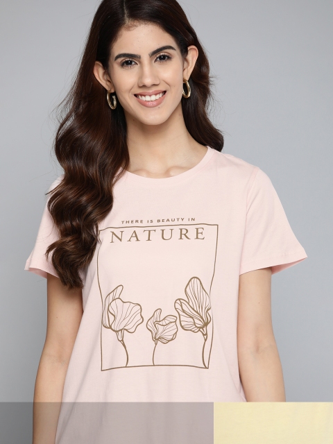 

Mast & Harbour Women Pack of 2 Printed Pure Cotton T-shirt, Yellow
