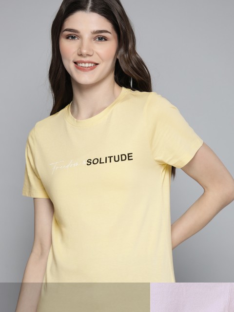 

Mast & Harbour Women Pack of 2 Printed Pure Cotton T-shirt, Yellow