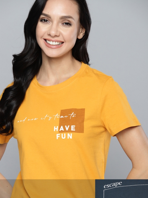 

Mast & Harbour Women Pack of 2 Cotton T-shirts, Mustard