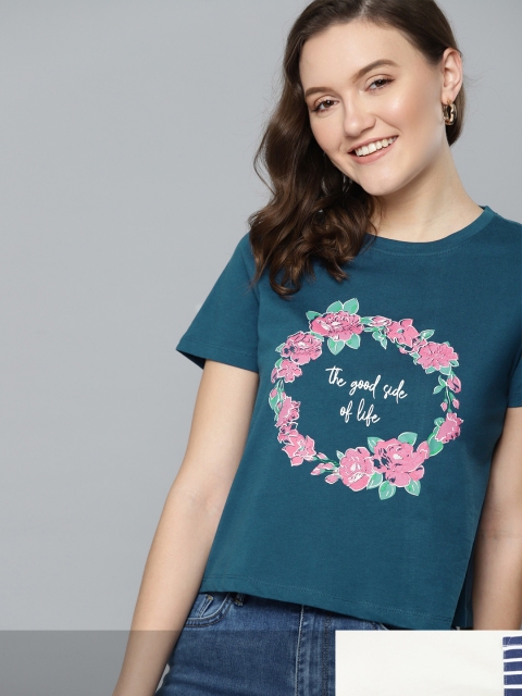 

Mast & Harbour Women Pack of 2 Cotton T-shirts, Teal