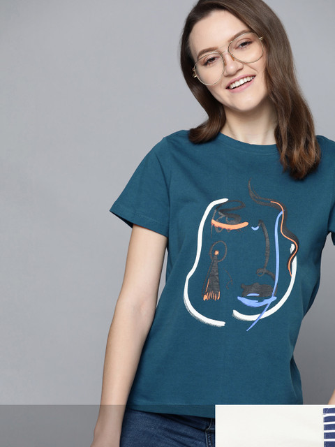 

Mast & Harbour Women Pack of 2 Cotton T-shirts, Teal