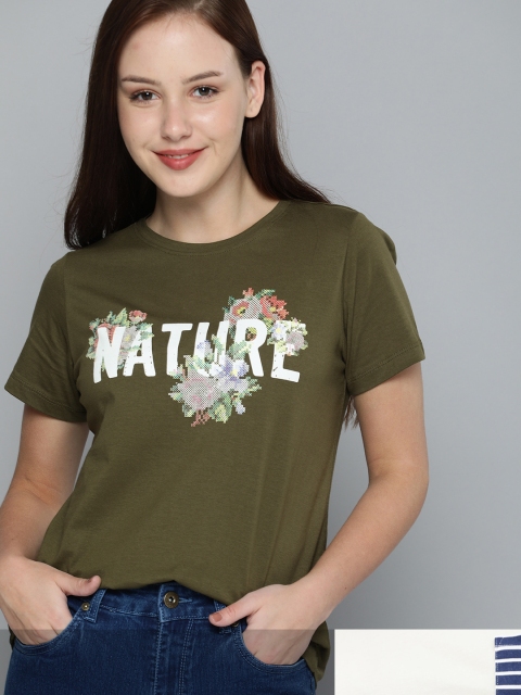 

Mast & Harbour Women Pack of 2 Cotton T-shirts, Olive