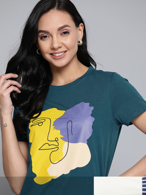 

Mast & Harbour Women Pack of 2 Cotton T-shirts, Teal