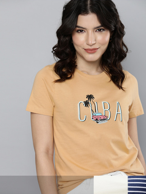 

Mast & Harbour Women Pack of 2 Cotton T-shirts, Beige