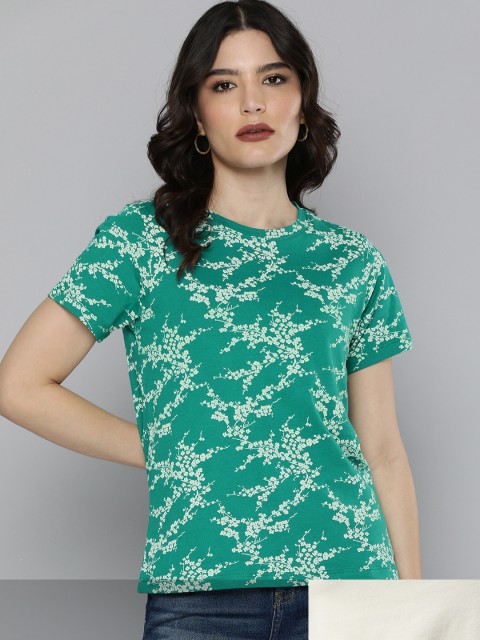 

Mast & Harbour Women Pack of 2 Printed Cotton Regular Fit T-shirts, Green