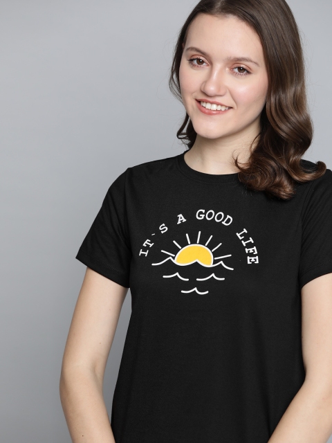 

Mast & Harbour Women Pack of 2 Printed Cotton Regular Fit T-shirts, Black