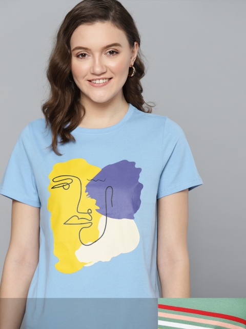 

Mast & Harbour Women Pack of 2 Printed Cotton Regular Fit T-shirts, Blue