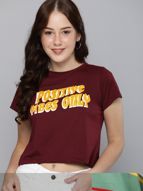 

Mast & Harbour Women Pack of 2 Printed Cotton Regular Fit T-shirts, Burgundy