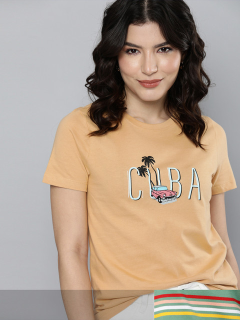 

Mast & Harbour Women Pack of 2 Printed Pure Cotton T-shirt, Beige
