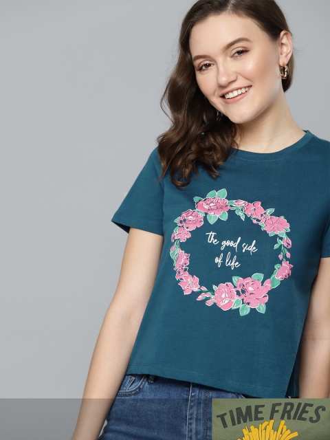 

Mast & Harbour Women Pack of 2 Printed Pure Cotton T-shirt, Teal