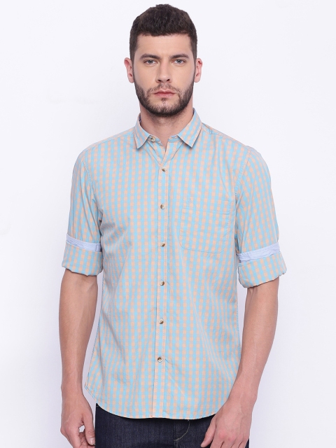 

John Players Blue & Peach Coloured Checked Trim Skinny Fit Casual Shirt