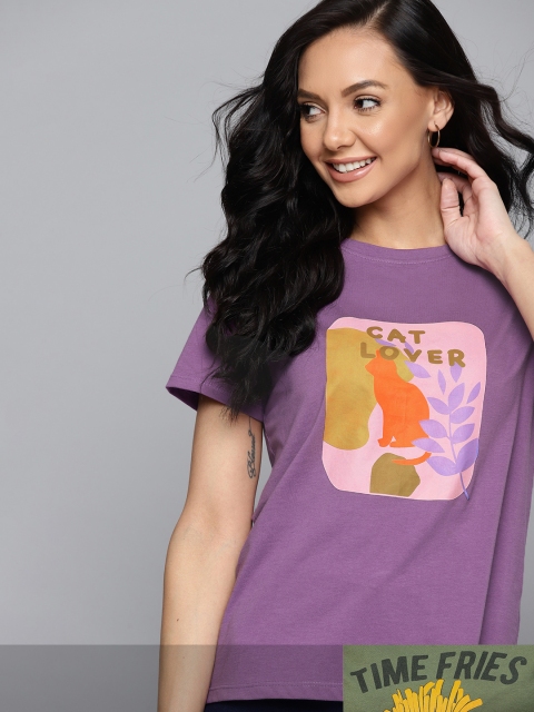

Mast & Harbour Women Pack of 2 Printed Pure Cotton T-shirt, Purple
