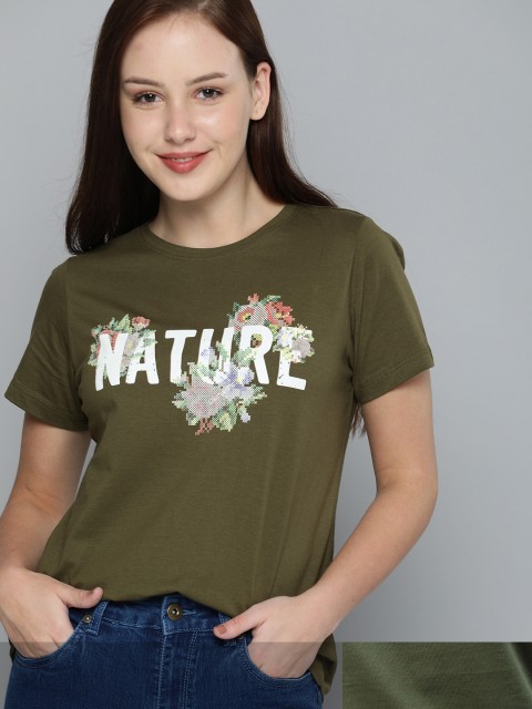 

Mast & Harbour Women Pack of 2 Printed Pure Cotton T-shirt, Olive