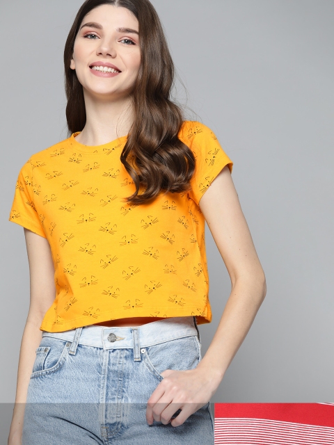 

Mast & Harbour Women Pack of 2 Printed Pure Cotton Tshirts, Mustard