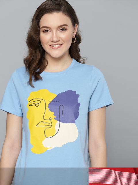 

Mast & Harbour Women Pack of 2 Printed Pure cotton Tshirts, Blue