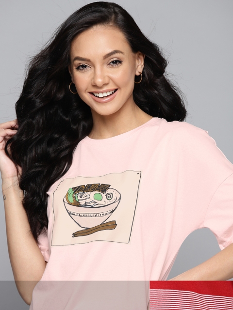

Mast & Harbour Women Pack of 2 Printed Pure Cotton Tshirts, Peach