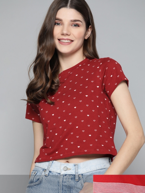 

Mast & Harbour Women Pack of 2 Printed Pure Cotton Tshirts, Maroon