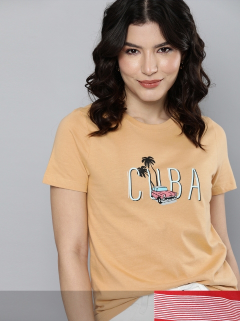 

Mast & Harbour Women Pack of 2 Printed Pure Cotton Tshirts, Beige