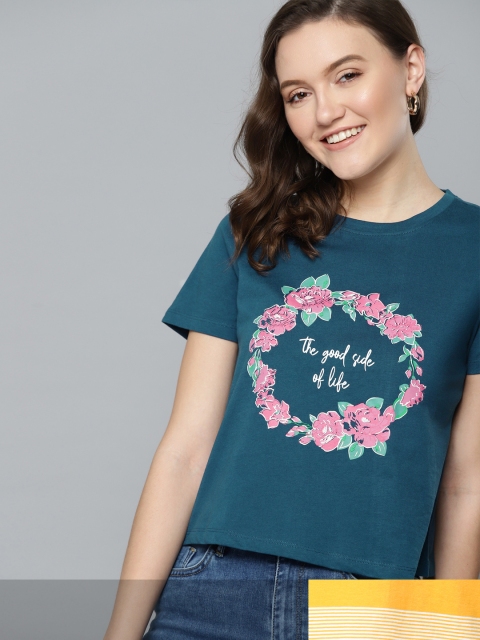 

Mast & Harbour Women Pack of 2 Printed Pure Cotton Tshirts, Teal