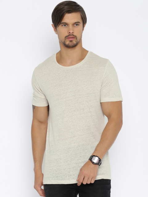 

Jack & Jones Men Beige Solid Linen Round Neck T-shirt