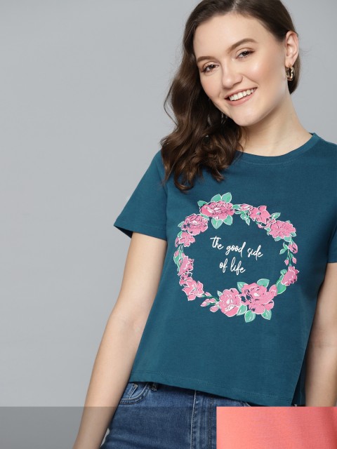 

Mast & Harbour Women Set Of 2 Round Neck T-shirt, Teal