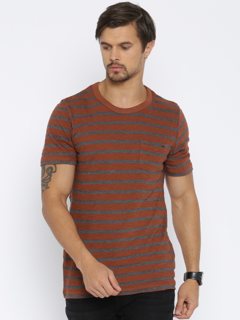 

Jack & Jones Men Rust Brown Striped T-shirt