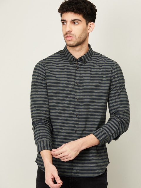 

Fame Forever by Lifestyle Men Olive Green Horizontal Stripes Striped Cotton Casual Shirt