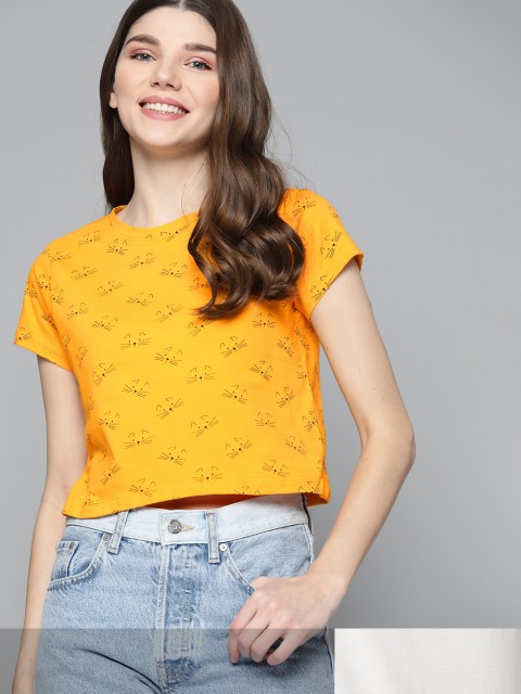 

Mast & Harbour Women Set Of 2 Round Neck T-shirt, Mustard