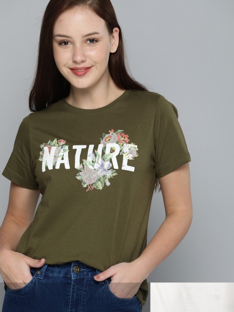 

Mast & Harbour Women Set Of 2 Printed Round Neck T-shirt, Olive