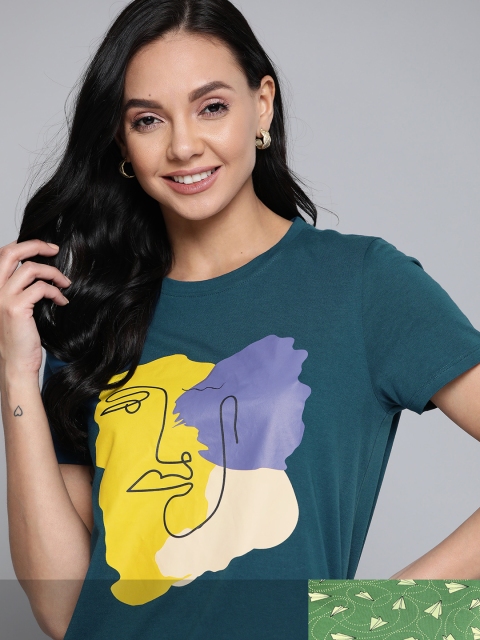 

Mast & Harbour Women Set Of 2 Printed Cotton Round Neck T-shirt, Teal