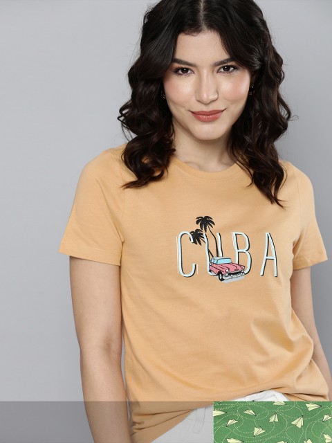 

Mast & Harbour Women Set Of 2 Printed Cotton Round Neck T-shirt, Beige