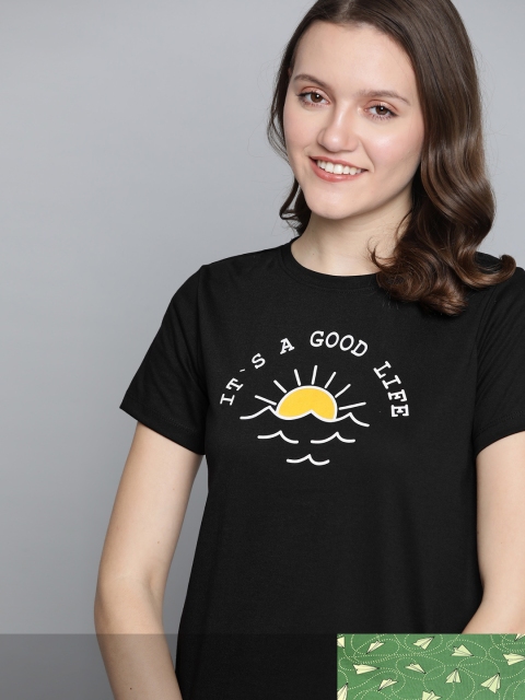 

Mast & Harbour Women Set Of 2 Printed Cotton Round Neck T-shirt, Black