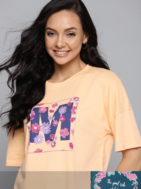 

Mast & Harbour Women Set Of 2 Printed Cotton Round Neck T-shirt, Beige