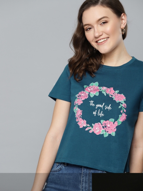 

Mast & Harbour Women Set Of 2 Printed Cotton Round Neck T-shirt, Teal