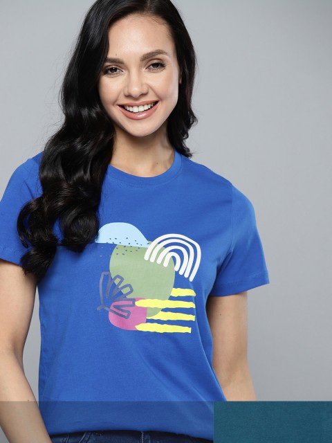 

Mast & Harbour Women Set Of 2 Printed Cotton Round Neck T-shirt, Blue