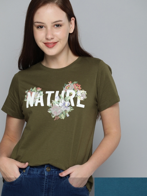 

Mast & Harbour Women Set Of 2 Printed Cotton Round Neck T-shirt, Olive
