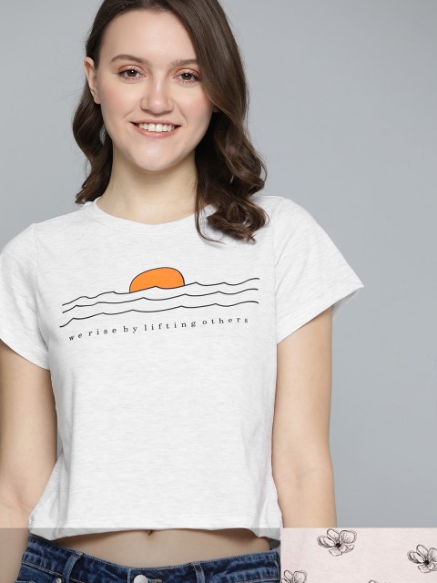 

Mast & Harbour Women Pack of 2 Printed pure Cotton Tshirts, Grey melange
