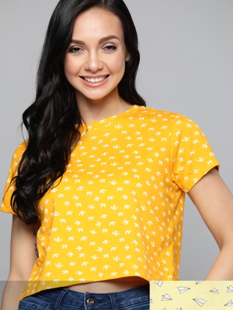 

Mast & Harbour Women Pack of 2 Printed Pure Cotton Tshirts, Yellow