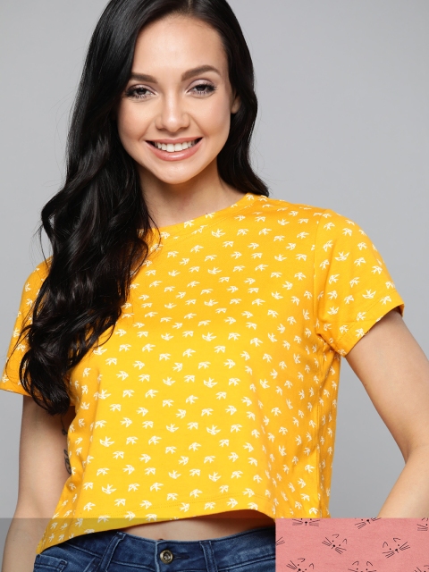 

Mast & Harbour Women Pack of 2 Printed Pure Cotton Tshirts, Mustard