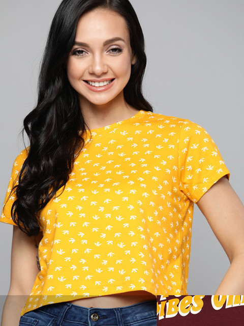 

Mast & Harbour Women Pack of 2 Printed Pure Cotton Tshirts, Yellow