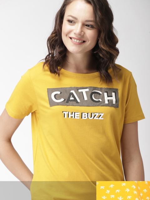 

Mast & Harbour Women Pack of 2 Printed Pure Cotton Tshirts, Mustard