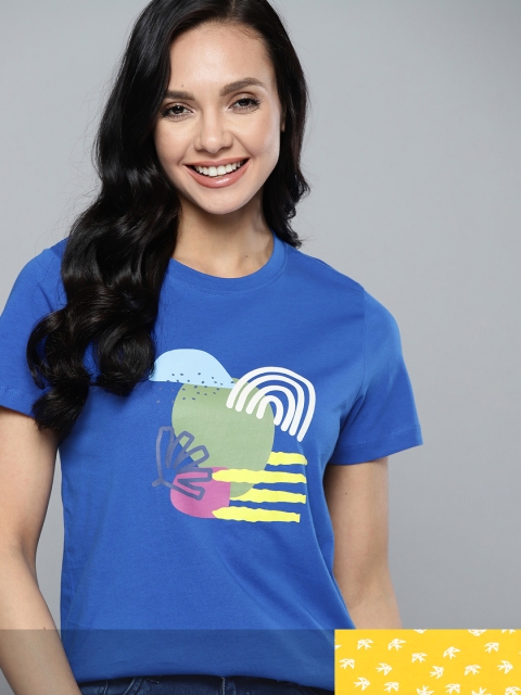 

Mast & Harbour Women Pack of 2 Printed Pure Cotton Tshirts, Blue