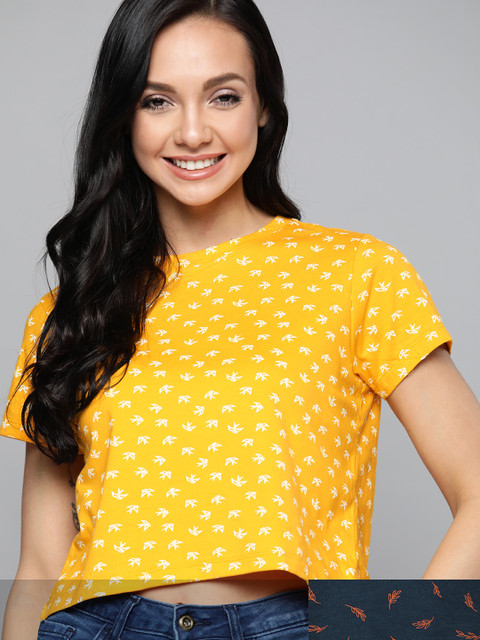 

Mast & Harbour Women Pack of 2 Printed Pure Cotton Tshirts, Yellow