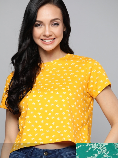 

Mast & Harbour Women Pack of 2 Printed Pure Cotton Tshirts, Yellow