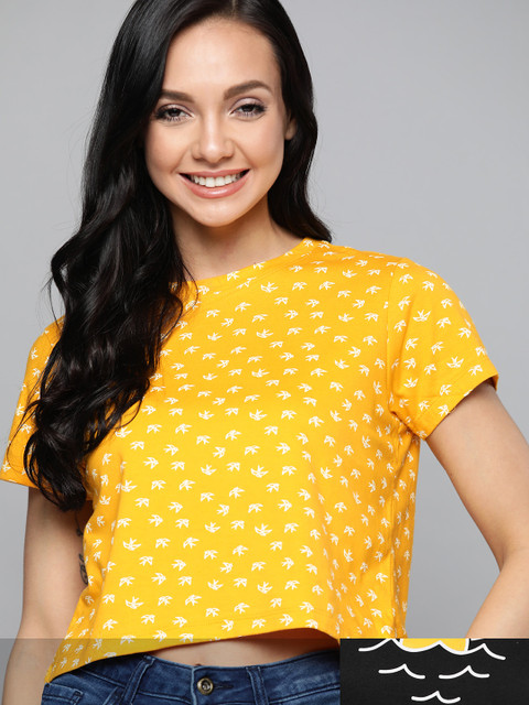 

Mast & Harbour Women Pack of 2 Printed Pure Cotton Printed Tshirts, Yellow