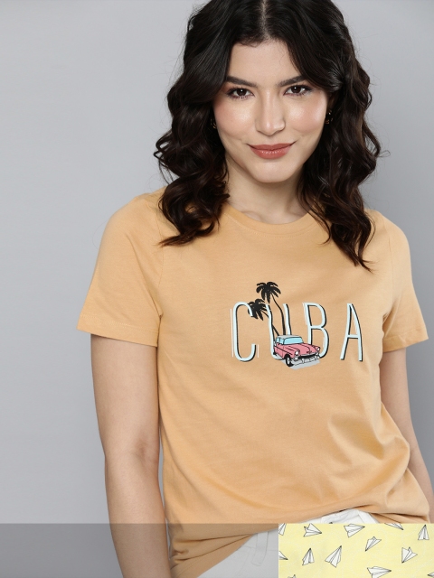 

Mast & Harbour Women Pack of 2 Printed Pure Cotton Tshirts, Beige