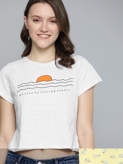 

Mast & Harbour Women Pack of 2 Printed Pure Cotton Tshirts, Grey melange