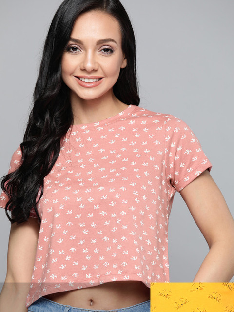 

Mast & Harbour Women Pack of 2 Printed Pure Cotton Tshirts, Pink