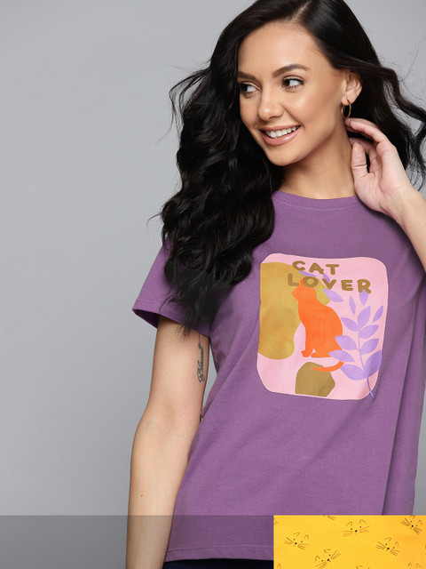 

Mast & Harbour Women Pack of 2 Printed Pure Cotton Tshirts, Purple